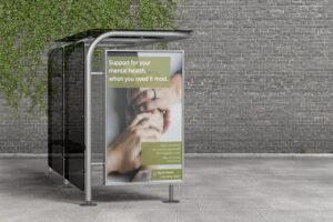 Bus stop that promotes Maria Droste Counseling Center