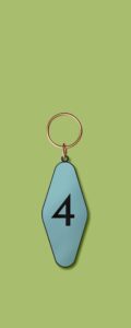 Blue keychain that says 4.