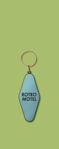 Blue keychain that says Rotro Motel.